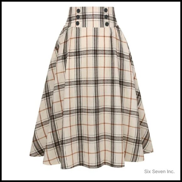 Dresses & Skirts - Plaid Midi Skirt High Waist A-Line Pleated Vintage Y2K Chic Casual